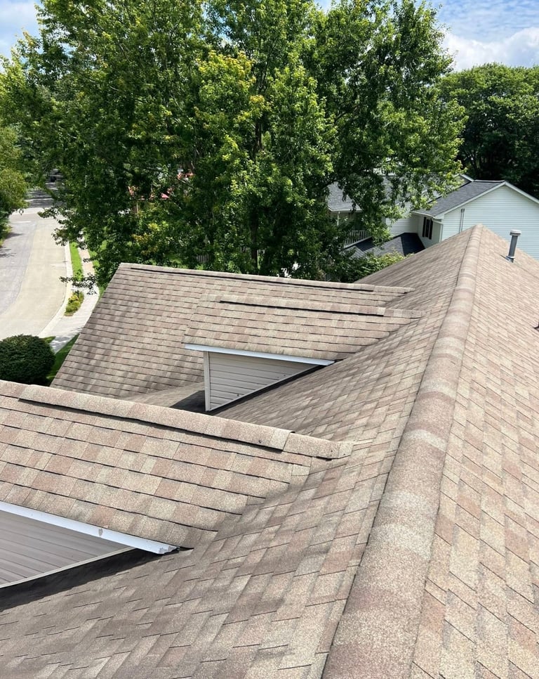 Aerial view of asphalt shingle roof with multiple peaks and dormers, surrounded by tall green trees and neighboring house