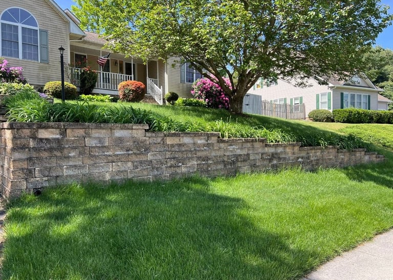 Residential house with retaining wall, manicured lawn, flowering shrubs, and neighboring homes on a sunny day