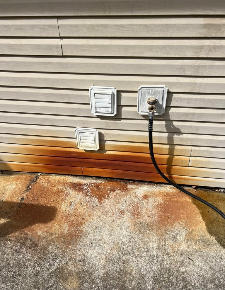White electrical outlets and switch mounted on horizontal siding with black power cord on exterior wall