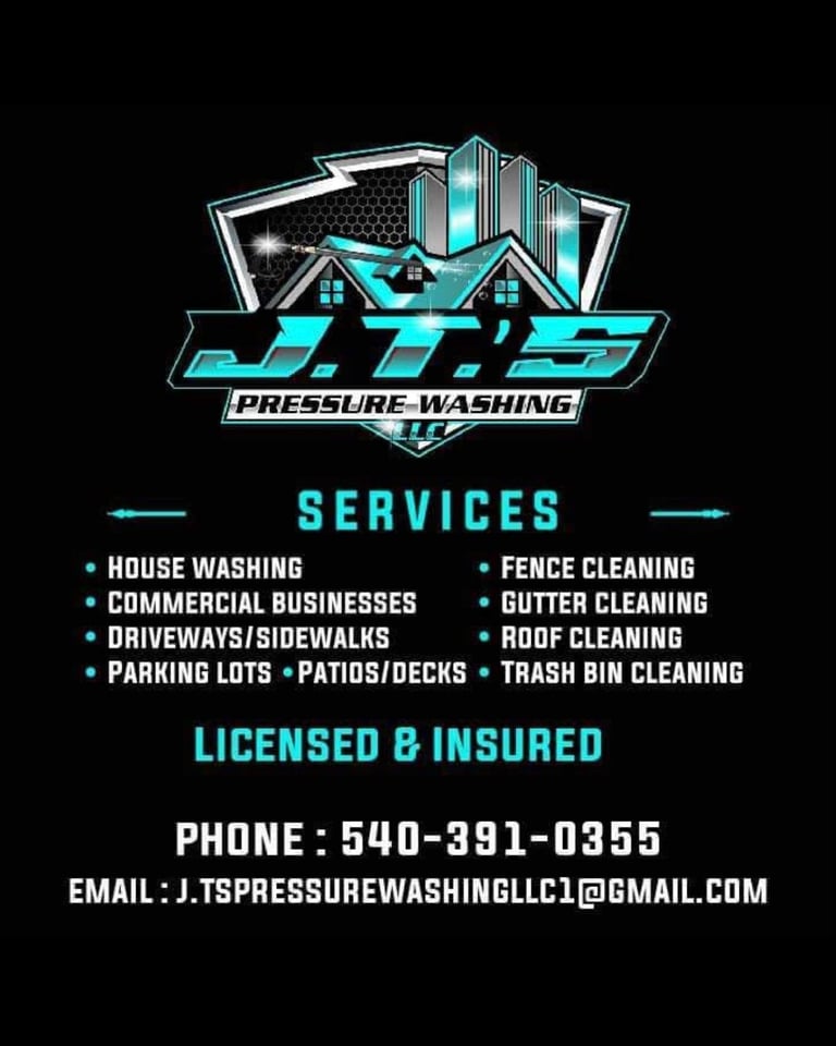 JTS Pressure Washing service flyer with logo, listing house washing, commercial, driveway cleaning, and contact information.