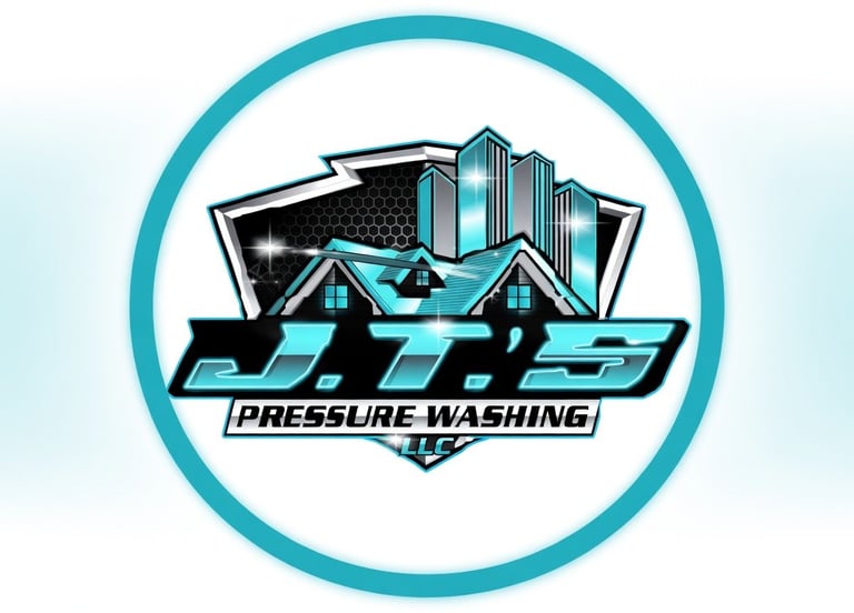 Pressure washing logo featuring turquoise circle with buildings and houses illustration and text
